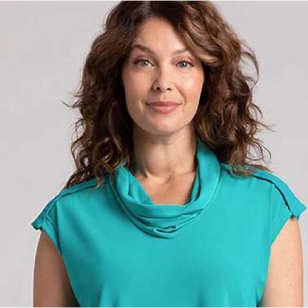 Sympli Convoy Funnel Neck Top Women 18 Teal Gem Sleeveless NWT Made Canada 21220